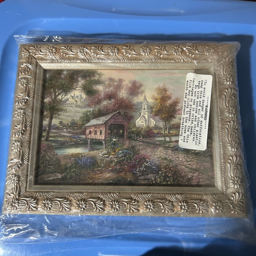 Vintage Carl Valente Framed Covered Bridge Razzberry Creek Crossing Print